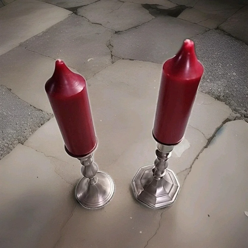 Pewter Weighted candlesticks made in India Felt Bottom Mismatched Set W Candles
